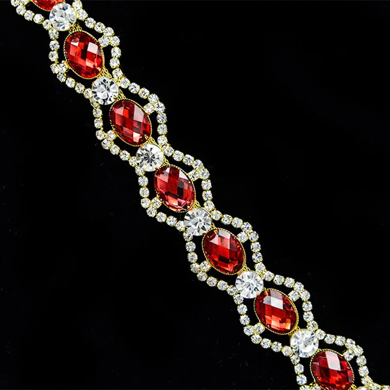 1yd Сверкающий Прозрачный горный хрусталь красный кристалл планки костюм Золотая