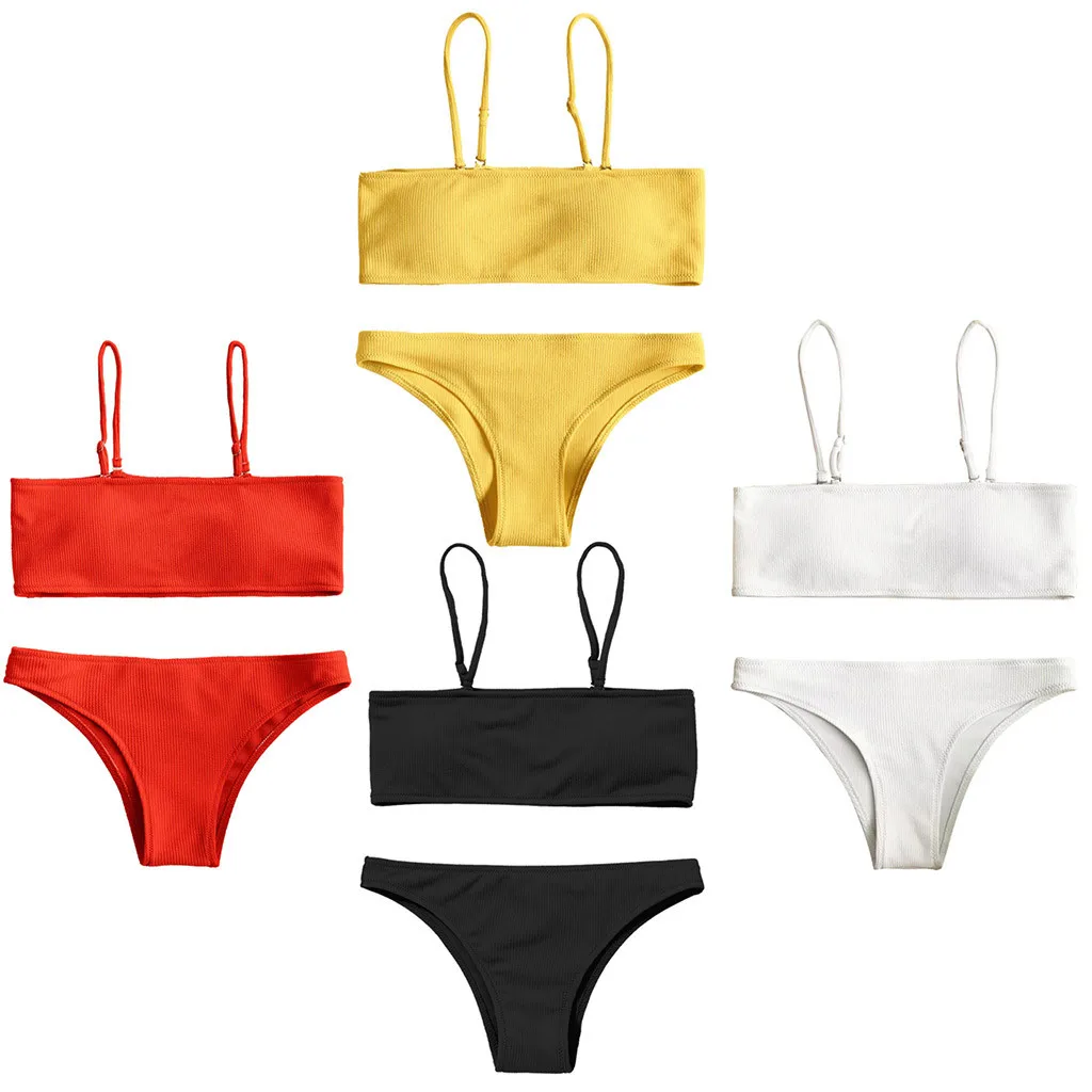 Fashion Lady Pure-Color Red Tube Top Bandeau Sexy Mid Waist Padded Bikini Bra Triangular Bathing Suit Summer Swimsuit Swimwear |