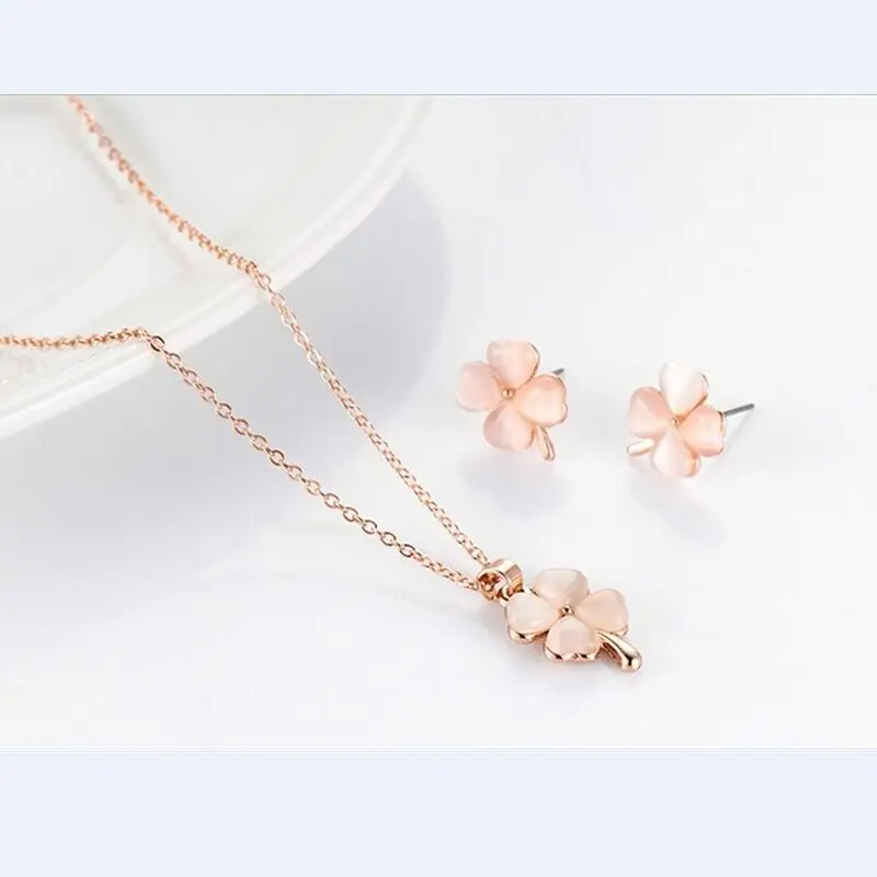Quality real cat eye opal stone 4 Leaf Leaves clover necklace earrings charms women party girl fashion jewelry set | Украшения и