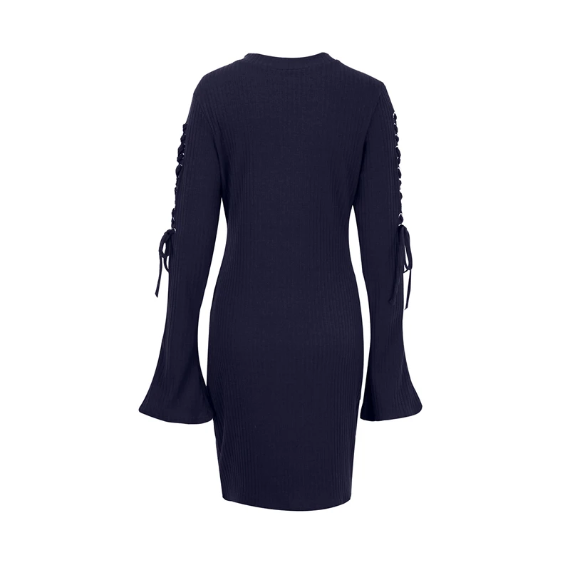 

Adogirl Plus Size S-3XL Women Ribbed Dress High Neck Lace UP Flare Long Sleeve Bodycon Midi Casual Knit Dresses Casual Vestidos