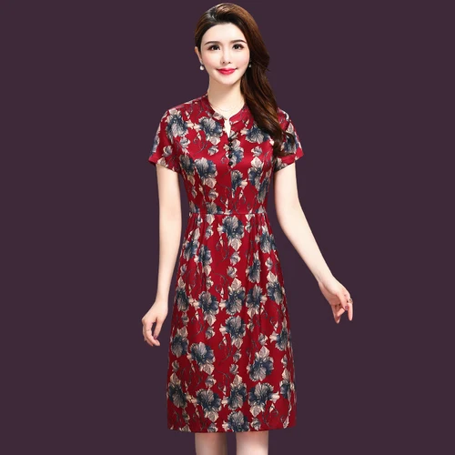 2021 Spring Summer Fashion Short Sleeve Silk Women Dress New Style Big Code Exquisite Printed Elegant Temperament Female Dresses | Женская