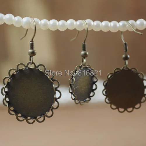 

Blank Ear Wire Clip Hook Earrings Settings Double Round Lace Bezel Cabochons Base Earrings Findings Antique Bronze tone Plated