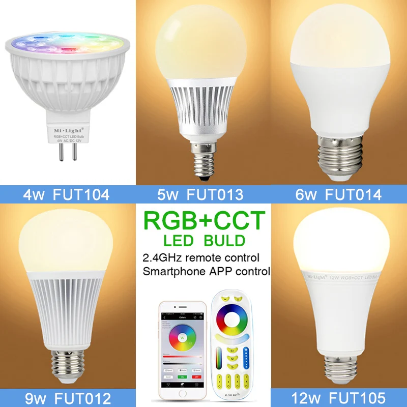 smart Led Bulb Smart light 4W 5W 6W 9W 12W E14/E27/MR16 RGB+CCT led 12v/220V indoor Lamp can Wireless Remote Control/APP Control