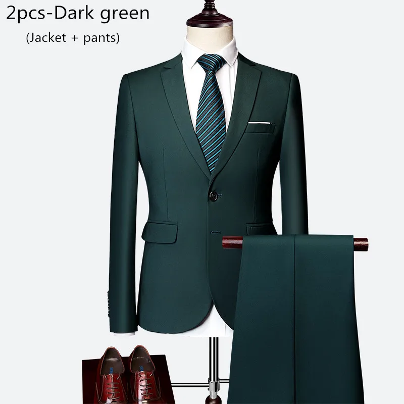 2pcs-Dark green Деловой мужской костюм, костюм из 3 предметов, Мужской Блейзер+ жилет+ брюки, Свадебный костюм жениха на заказ, большие размеры, M-6XL, высококачественные костюмы - Цвет: 2pcs-Dark green