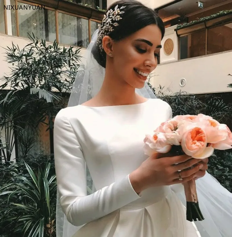 Элегантные атласные свадебные платья Vestido De Noiva пляжный костюм с длинным рукавом свадебное платье на заказ свадебные платья