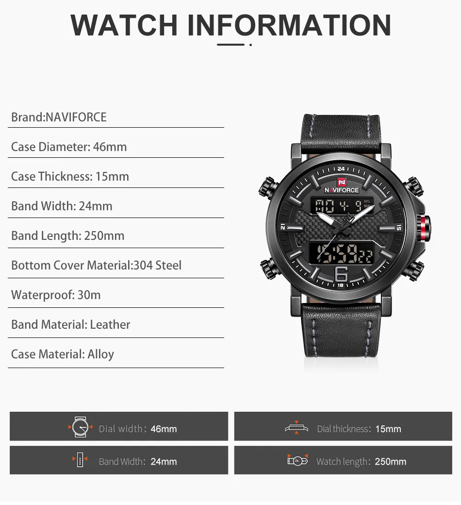 Новинка, мужские часы NAVIFORCE, модные, спортивные, мужские, кожа, водонепроницаемые, кварцевые часы, мужские, дата, светодиодный, аналоговые часы, Relogio Masculino