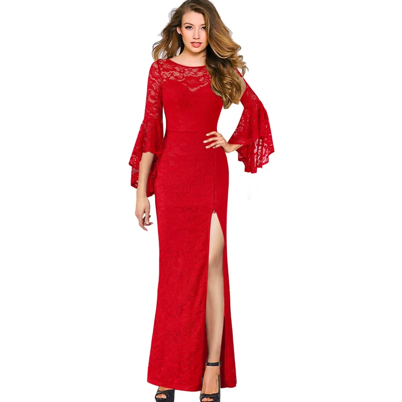 Vfemage женские Осень Зима Элегантный рюшами Flare Bell Sleeve бархат высокий разрез