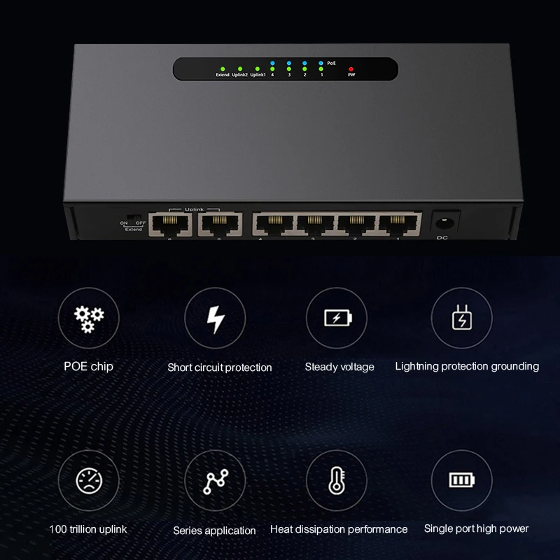 6 портовый сетевой выключатель 48 В POE коммутатор 10/100 Мбит/с IEEE 802 3 af/at