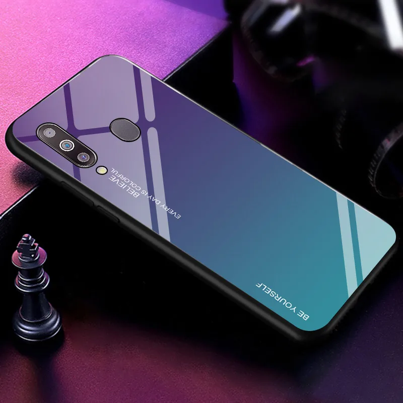 Purple Градиентный чехол из закаленного стекла для телефона для samsung Galaxy A10 A20 A20E A30 A50 A70 M10 M20 M30 S10 S10e плюс ударные Красочная обложка - Цвет: Purple