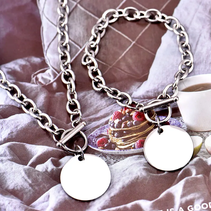 Rivca Wholesale Stainless Steel jewelry set chain custom OT clasp Necklace Bracelet for women man engrave round charm | Украшения и