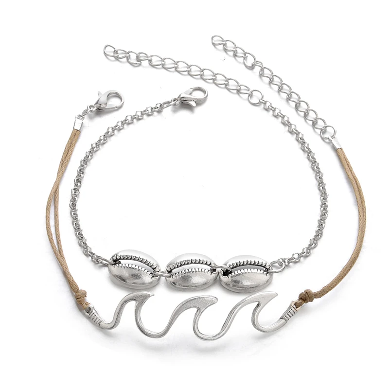 2 Pcs/ Set Personality Women Shell Lips Leather Chain Pendant Silver Multilayer Anklet Classic Summer Beach Jewelry Gift | Украшения и