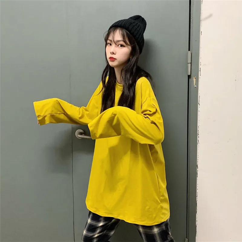 Spring Autumn Thin Women's Clothing harajuku loose Solid Tops O-neck long sleeve BF Tees Casual New ulzzang T-Shirts hipster | Женская