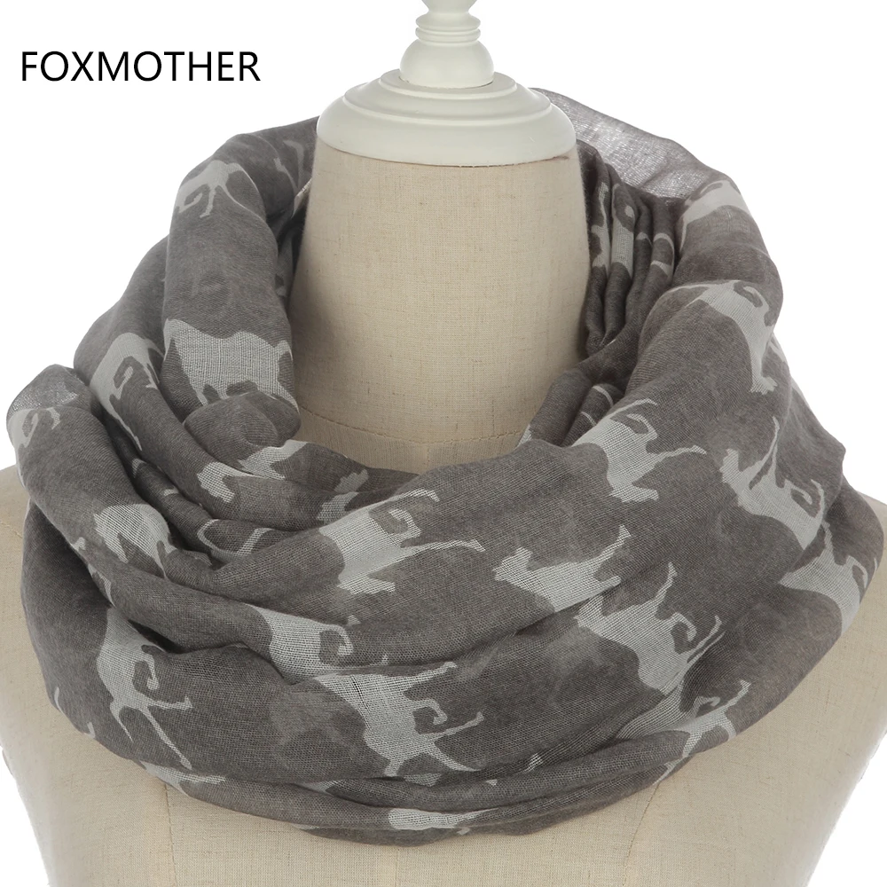 Женская шаль с лошадьми FOXMOTHER черная серая темно синяя лошадьми|infinity scarf|horse infinity