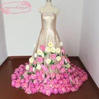 real photo romantic flower fairy prom dress banquet luxury strapless a line sequins formal evening dresses
