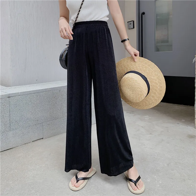 Женские трикотажные брюки с широкими штанинами летние однотонные прямые