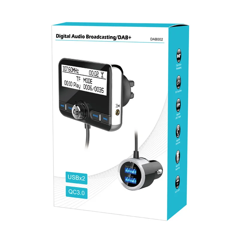 DBA002 автомобиля dab цифровой радио MP3 плеер набор гарнитуры с Bluetooth аудиовещание QC3.0