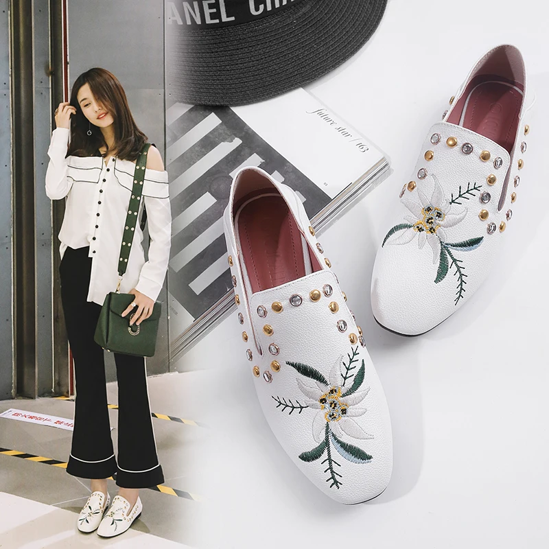 Женские туфли со стразами Кристальные заклепки Эспадрильи на плоской подошве