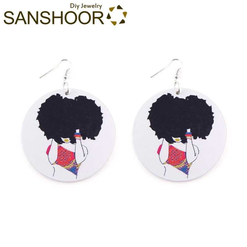 Set 4 SANSHOOR напечатанные афро натуральные волосы деревянные серьги африканские черные женские головные украшения этнические украшения как рождественские подарки 9 пар - Окраска металла: Set 4