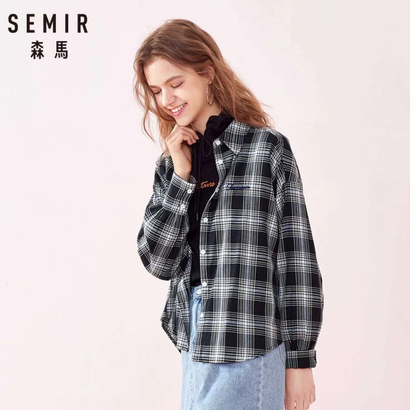 SEMIR Женская клетчатая длинная рубашка из хлопка, куртка с вышивкой, Женская длинная рубашка с отложным воротником и зауженной талией