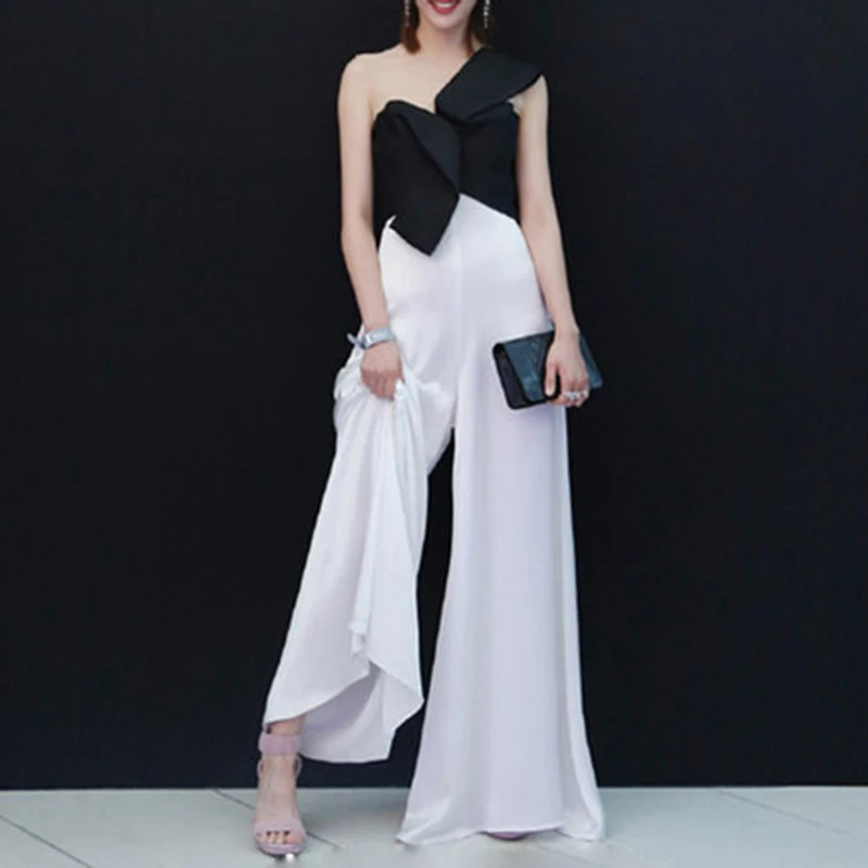 TWOTWINSTYLE Bowknot Jumpsuits For Women Sleeveless Patchwork Irregular Maxi Wide Leg Pants 2019 Summer Large Size OL Clothing | Женская