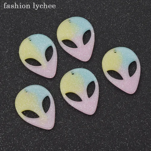 Yellow Green Pink Мода Личи 5 шт. красочные смолы милый голова инопланетянина кулон для ожерелья браслет для женщин ювелирные изделия DIY изготовления подвески - Окраска металла: Yellow Green Pink