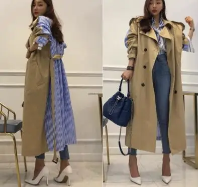 Best Selling Vintage Stripe print Patchwork loose overcoats beautiful pocket design cozy winter trench - Цвет: Хаки