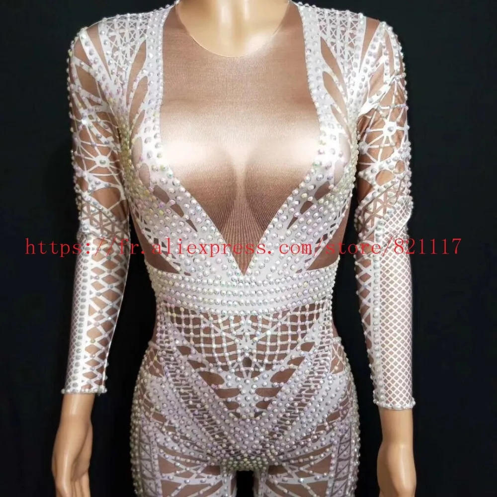 

High Quality Black White Long Sleeve Beading Geometric High Elasticity Jumpsuit Nightclub Party Bodycon Jumpsuit