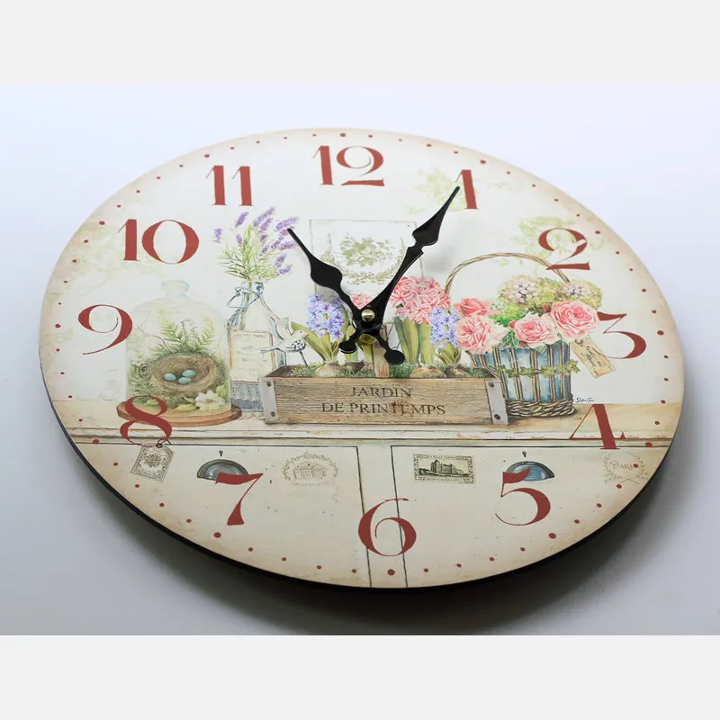 Настенные часы в античном стиле с цветным рисунком цветов круглые деревянные