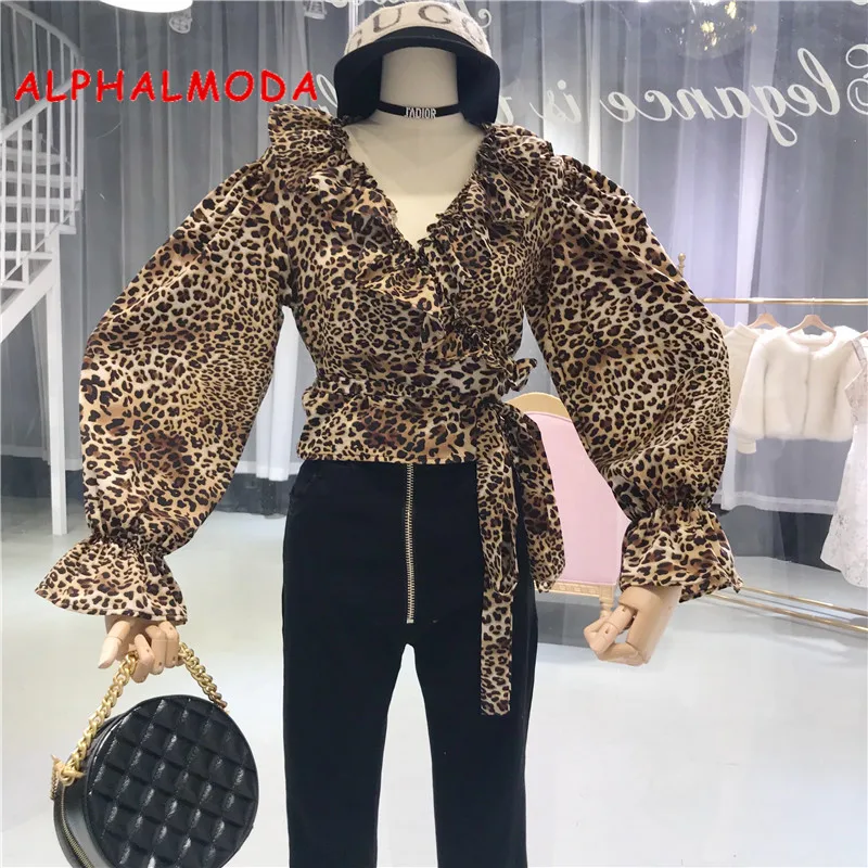 

ALPHALMODA Autumn Leopard Printed Fashion Shirt V Ruffled Collar Lantern Sleeve Tidy Sashes Tie Up Slim Women Blouses Shirts