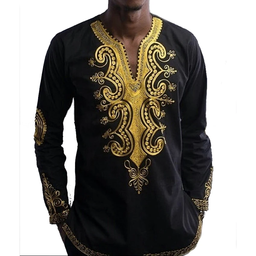

Men's African Printing Longline T-Shirt Spring New Traditional Africa Tshirt Men Hipster Hip Hop Tee Shirt Long Sleeve V-neck T