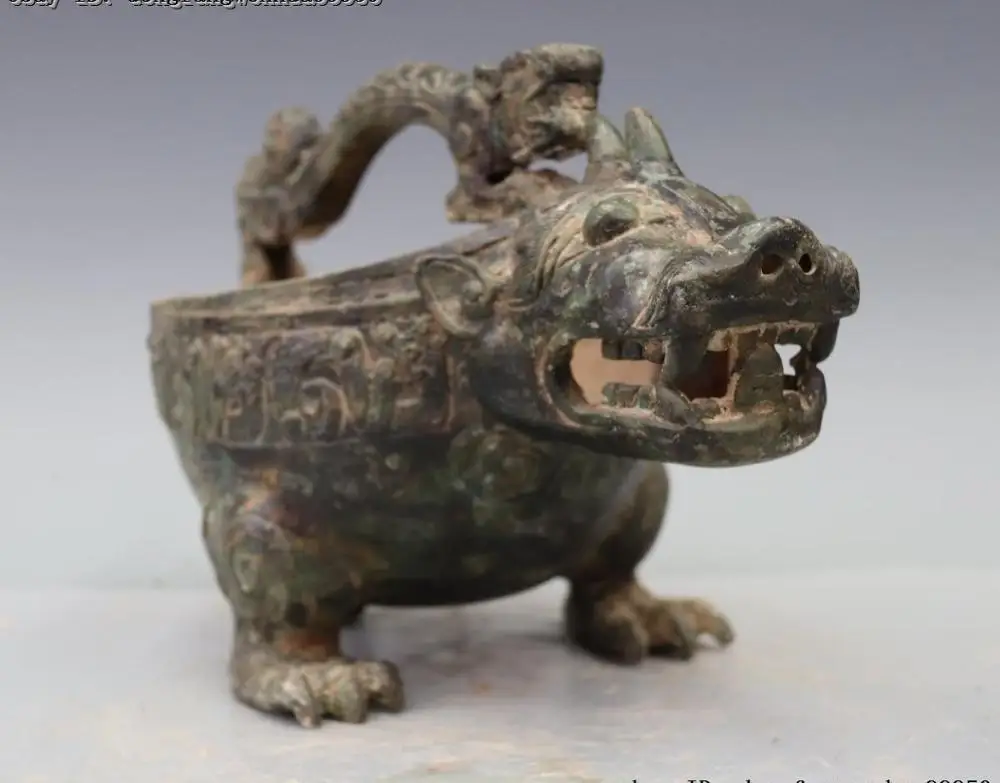 Китайская народная старая чистая бронза фу Фо Собака Лев Pi Xiu бык зверь чайник