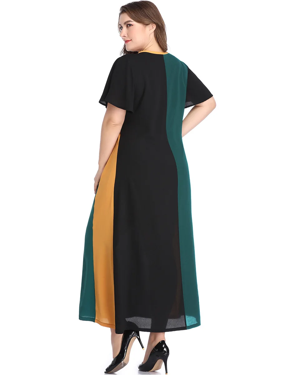 Vestido летнее платье женщина XL-5XL большой Размеры платье V Neck контраст Цвет короткий рукав Femme плюс Размеры длинное платье HY88061