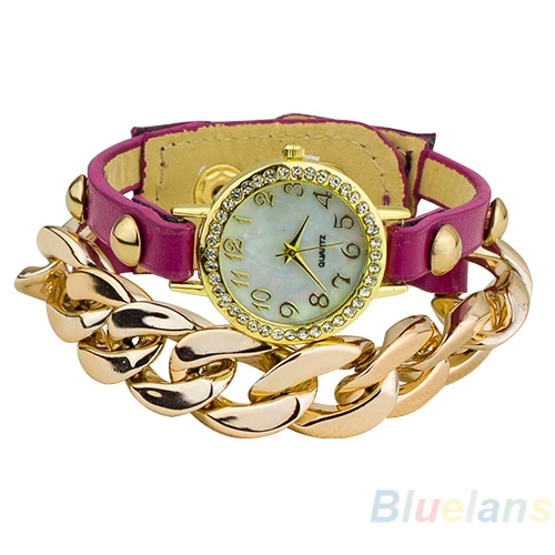 Womens Punk Style Multicolor Gold Plated leather Rhinestone Band Acrylic Chain Bracelet Dress Watch 03IG | Тематическая одежда и