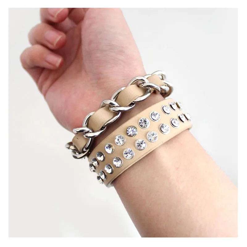 Free shipping Fashion jewelry Wholesale gift Light - colored double wide leather rivet buckle bracelet. | Украшения и аксессуары