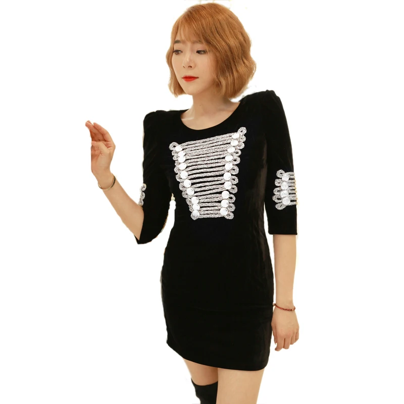 2017 новое модное осенне зимнее бархатное платье на пуговицах с золотой цепочкой в