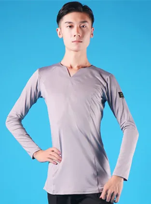 gray top 5 цветов Мужская футболка спортивная для латинских танцев стиль с длинным рукавом V воротник рубашка мужская - Цвет: gray top
