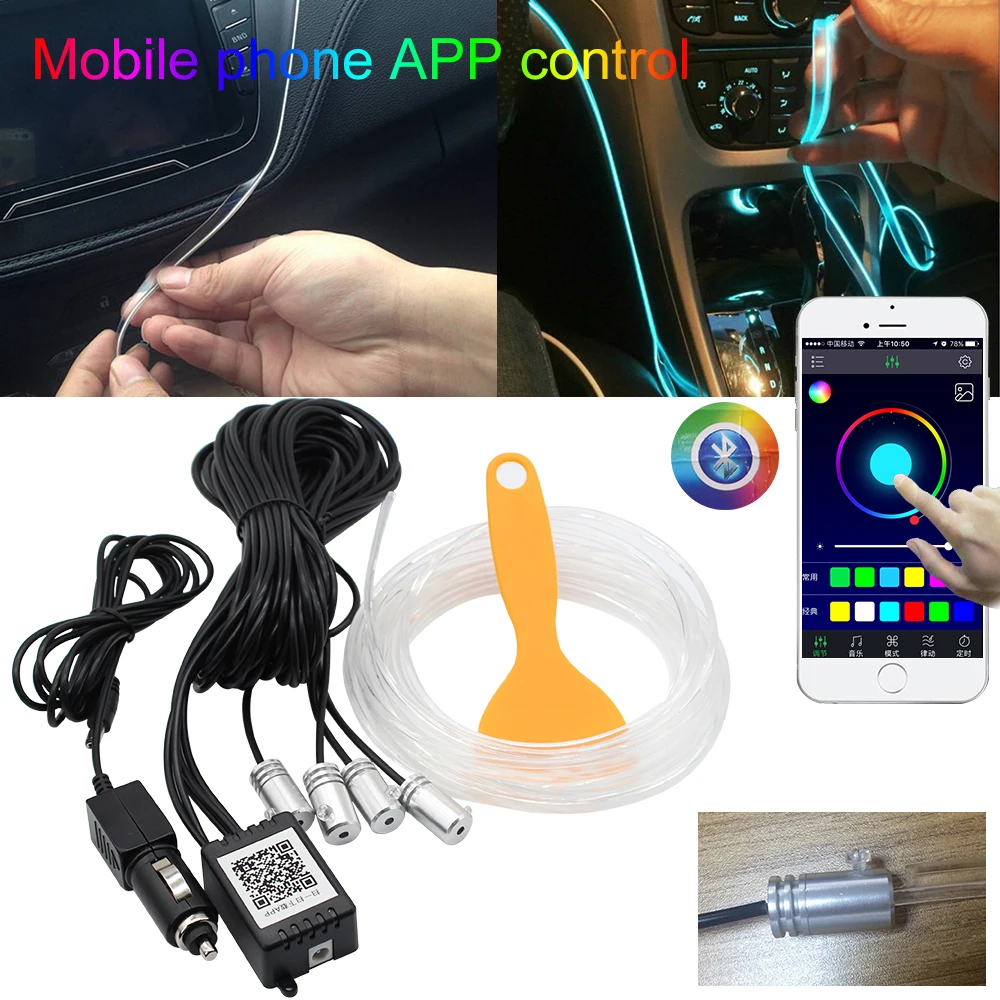 

RGB LED Strips Ambient Light APP Bluetooth Control for Car Interior Atmosphere Light Lamp 8 colors DIY Music 4M Fiber Optic Band