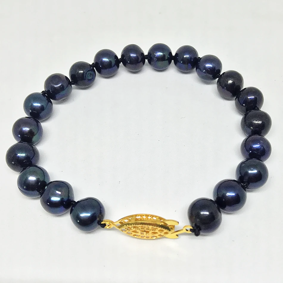 Новая мода натуральный черный браслет из пресноводного культивированного жемчуга 7-8,8-9 мм прибл круглые бусины высокого Класс женские Драгоценности 7,5 дюймов B1524