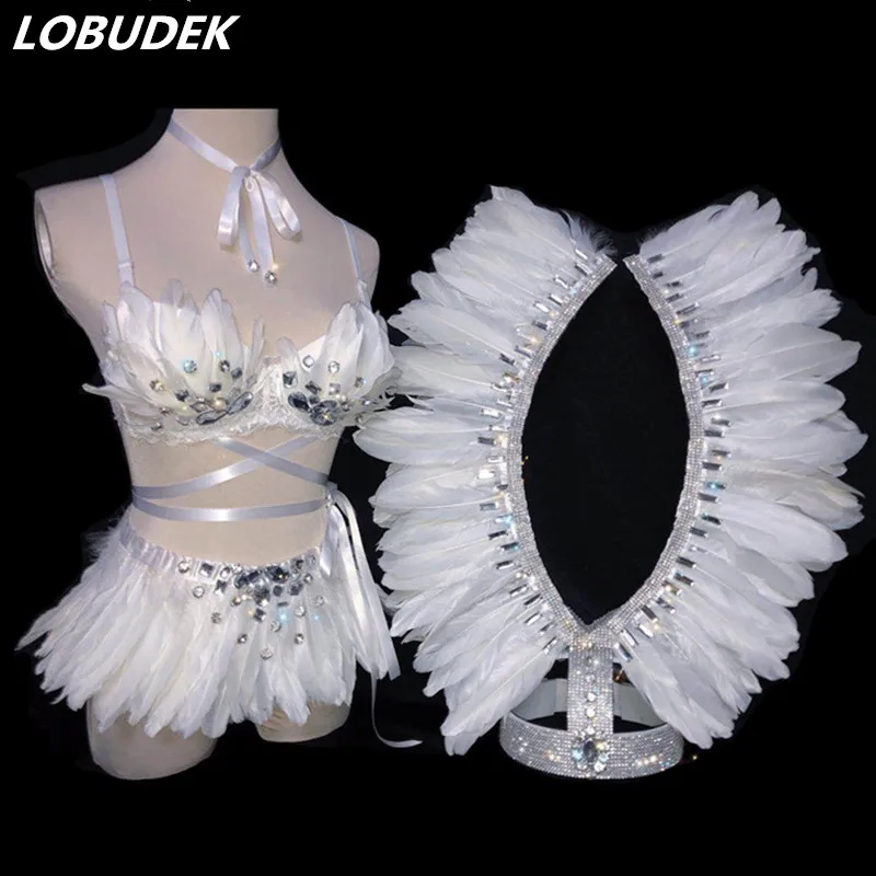 

White Feathers Crystals Bikini Headdress Women Set Nightclub Bar Singer Dancer Dance Costume Models Catwalk Performance Outfits
