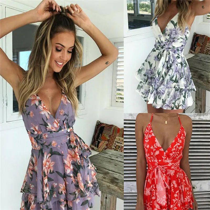 Женские модные комбинезоны с цветочным принтом Boho Летнее вечернее пляжное платье женские свободные удобные бандажные сексуальные комбинезоны с v-образным вырезом