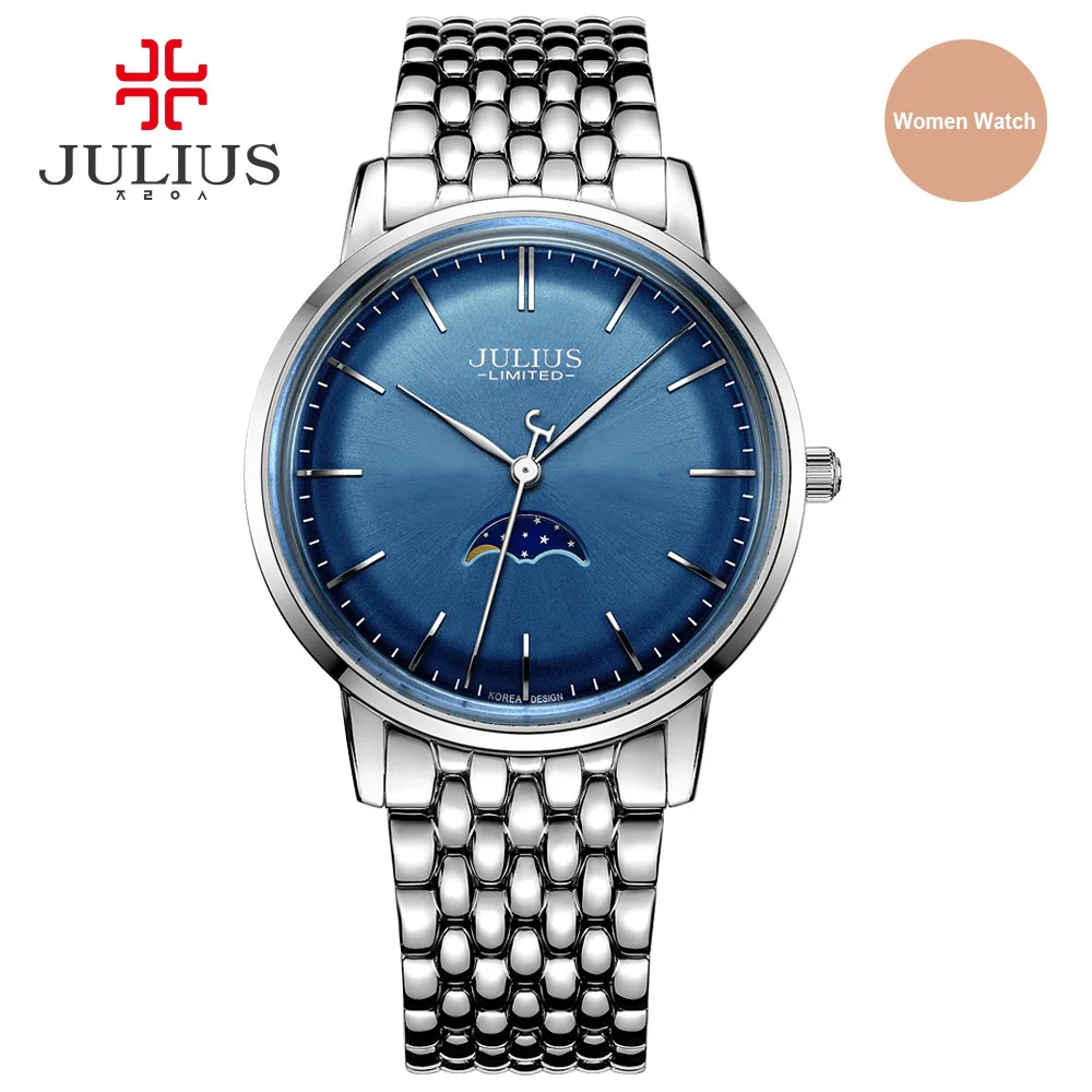 Julius Мода Досуг 316L сталь дорогой кварц Ограниченная серия Moon Phase Высокое качество логотип бренда хронограф часы JAL-041 - Цвет: Silver Blue Women