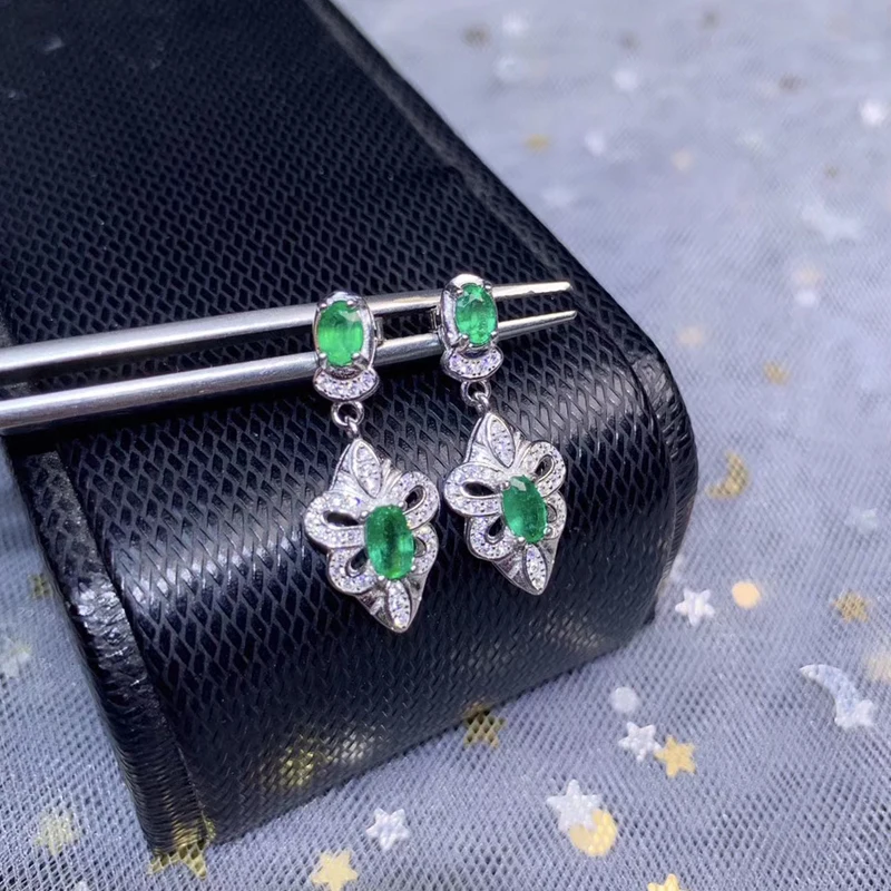 Женские винтажные серьги подвески из изумруда вечерние серебряные натурального