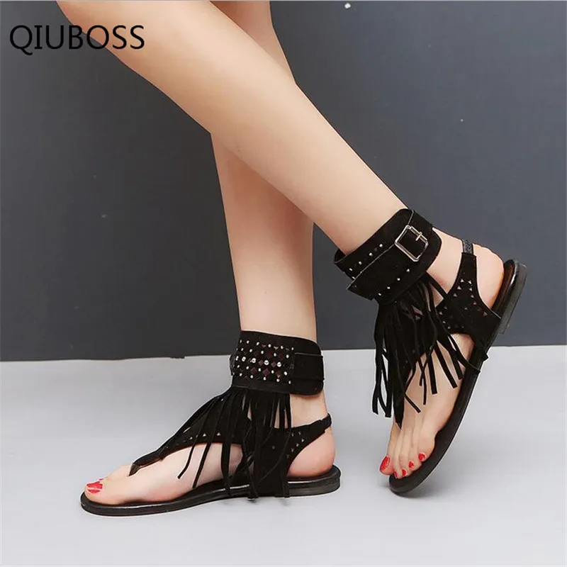 QIUBOSS 2018 Hot Summer New Bohemia Flat Women Sandals Tassel Woman Flip Flops Vintage Shoes Beach Plus Size 35-43 | Обувь