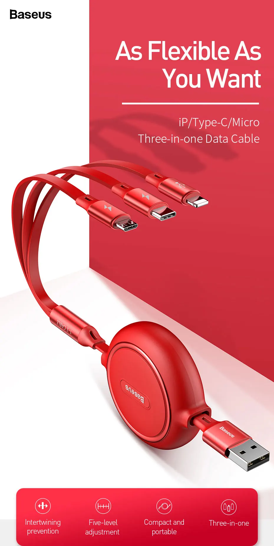Выдвижной usb-кабель Baseus 3 в 1 для iPhone Xs Max Xr X 3в1 быстрое зарядное устройство Micro USB type C кабель для samsung Xiaomi