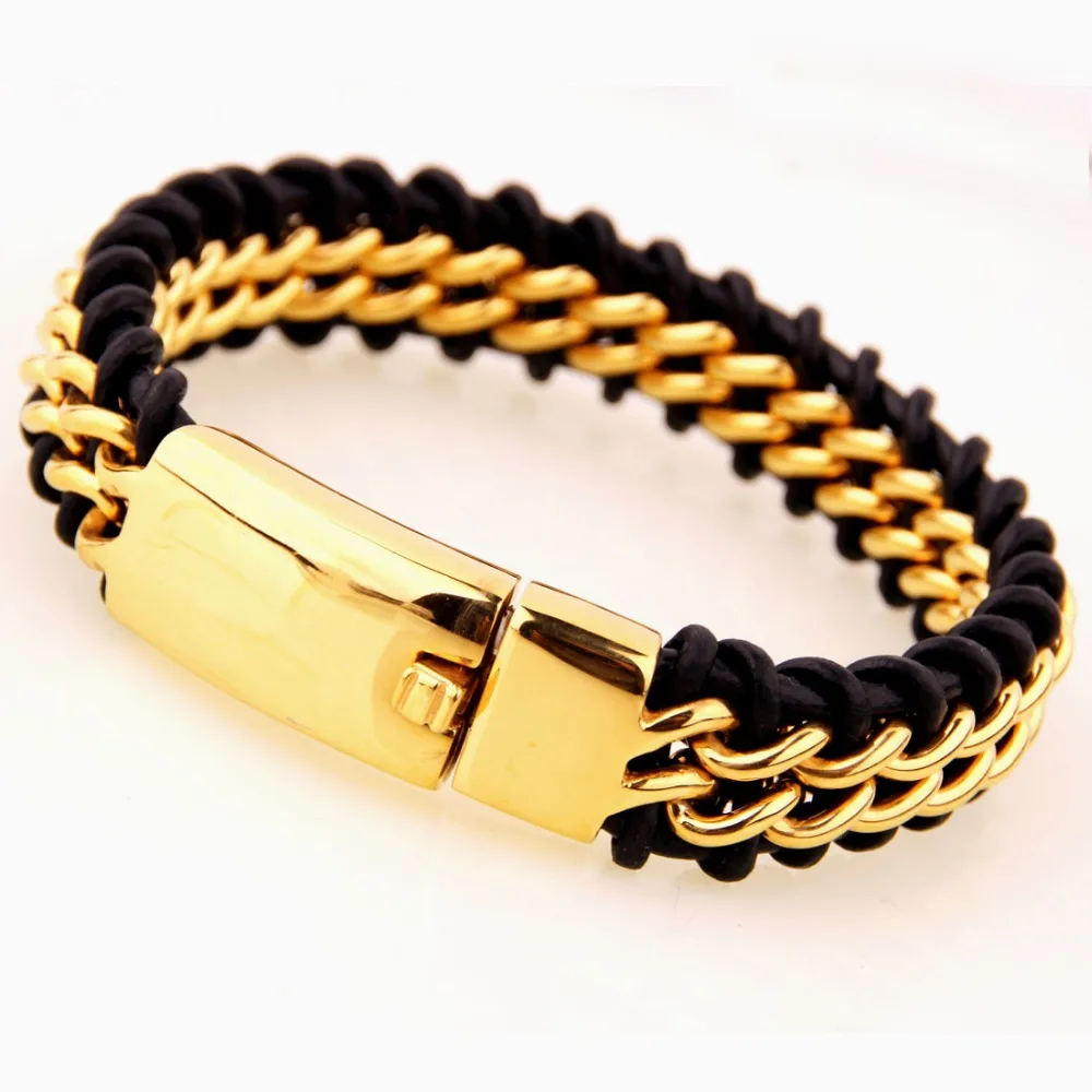 

Cool New 316L Stainless Steel Gold Tone Black Braided Leather Wristband Men's Bracelet Bangle 9.45" High Quality Christmas Gift