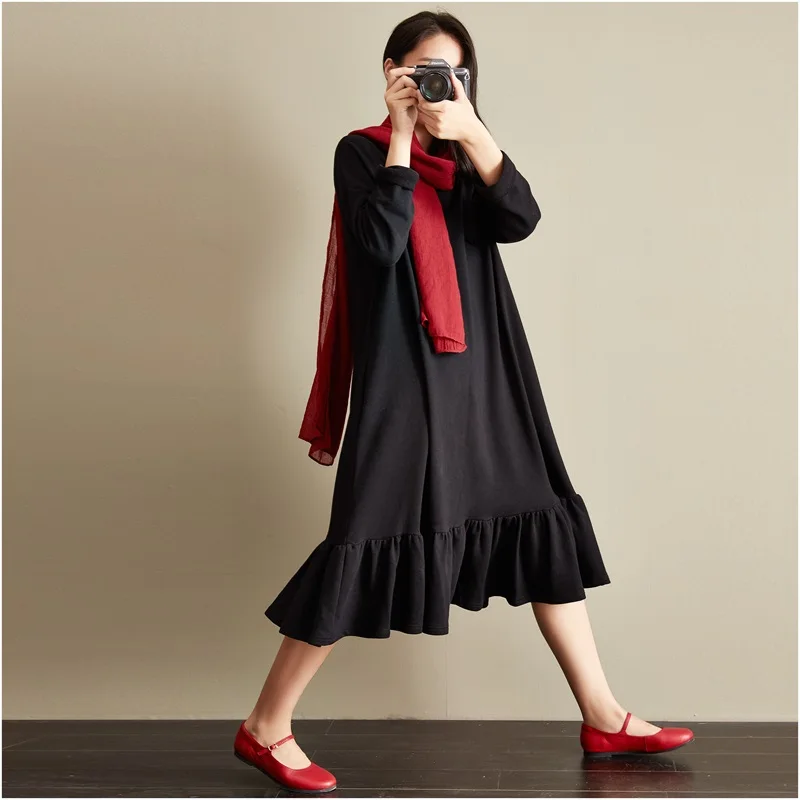 2016 Осень Зима Женщины Твердые Midi Платье Краткая О Шея Вязаный Полный Рукав