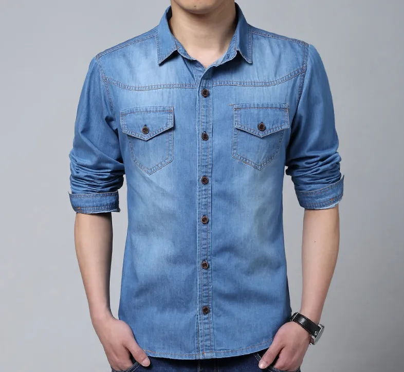 Мужская джинсовая рубашка с длинным рукавом ZOEQO хлопковая приталенная карманами