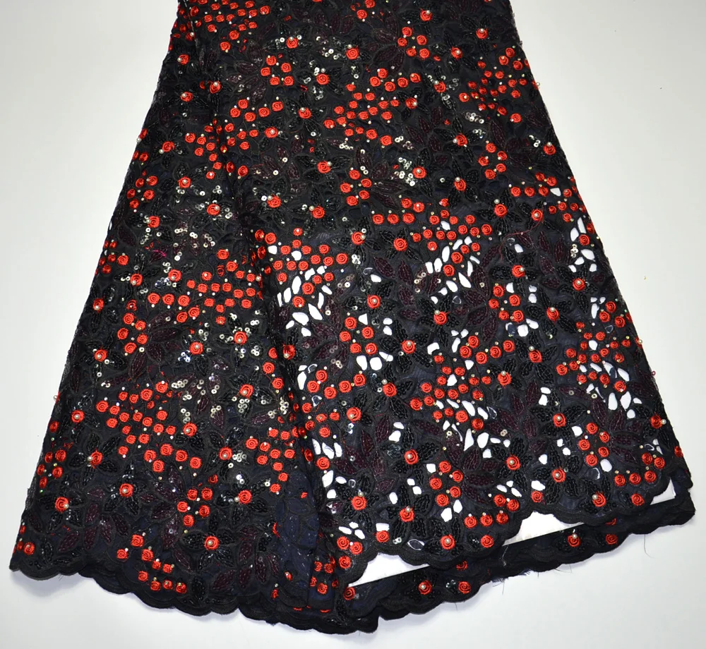 Новейший нигерийский дизайн черная красная Высококачественная кружевная ткань