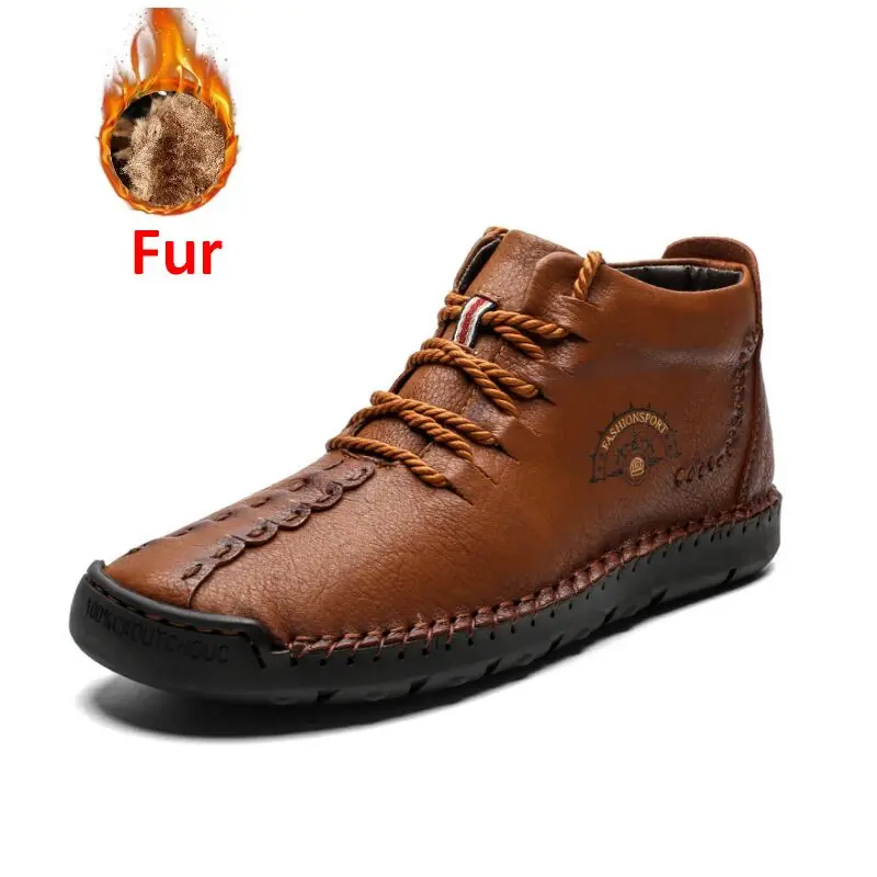 DARK BROWN Fur ZUNYU/Новые мужские ботинки зимние теплые зимние ботинки на меху мужская обувь модные мужские зимние кожаные ботильоны размер 38-48 - Color: DARK BROWN Fur