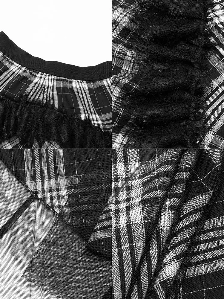 PUNK RAVE Women's GothIC Irregular Plaid Skirts with Mesh Steampunk Retro Party Skirt Gothic Daily Girls Casual Skirts